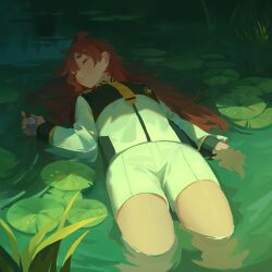 Rule 34 | 1girl, asticassia school uniform, closed eyes, closed mouth, gundam, gundam suisei no majo, long hair, lying, milktea (gggrrr2000), on back, partially submerged, red hair, school uniform, solo, suletta mercury, thick eyebrows, thighs, water, water lily flower, wet
