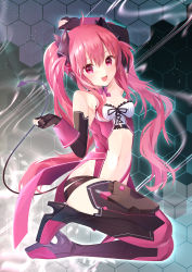 Rule 34 | 1girl, :d, absurdres, arm up, black footwear, black gloves, black ribbon, boots, breasts, choker, cleavage, demon tail, elbow gloves, fingerless gloves, floating hair, full body, gloves, grace (sound voltex), hair between eyes, headphones, high heel boots, high heels, highres, long hair, midriff, navel, open mouth, pink choker, pink hair, red eyes, ribbon, samayoi, small breasts, smile, solo, sound voltex, stomach, tail, thigh boots, thighhighs, very long hair