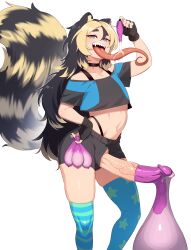 Rule 34 | 1boy, absurdres, animal ears, asymmetrical legwear, black choker, black gloves, black skirt, blue eyes, blue thighhighs, choker, commission, condom, condom on penis, crop top, cum, cum in mouth, cum in own mouth, cum on tongue, drinking from condom, erection, fingerless gloves, futanari, gloves, gokkun, highres, holding, holding condom, huge penis, in (ain), long hair, long tongue, male focus, monster boy, multicolored hair, multiple condoms, navel, open mouth, original, penis, ringed eyes, sharp teeth, skindentation, skirt, smile, solo, star (symbol), star print, striped clothes, striped thighhighs, tail, teeth, thighhighs, tongue, tongue out, trap, two-tone hair, uncensored, used condom, used condom on penis, veins, veiny penis, very long tongue