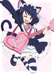 Rule 34 | 10s, 1girl, animal ears, bell, black hair, blue eyes, blush, bow, cat ears, cat tail, curly hair, cyan (show by rock!!), fang, gothic lolita, guitar, instrument, lolita fashion, long hair, looking at viewer, maid headdress, nel-c, one eye closed, open mouth, pink background, ringlets, show by rock!!, smile, solo, star (symbol), striped clothes, striped thighhighs, tail, thighhighs, zettai ryouiki
