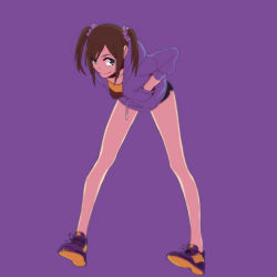 Rule 34 | 10s, 1girl, aged up, alternate eye color, bad id, bad pixiv id, brown hair, con potata, full body, grey eyes, hair ornament, hair scrunchie, hands in pockets, hood, hoodie, leaning forward, nishigoori axel, purple background, scrunchie, shoes, shorts, simple background, smile, sneakers, solo, twintails, yuri!!! on ice