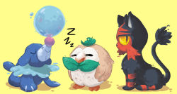 Rule 34 | bird, cat, commentary, creature, creatures (company), english commentary, closed eyes, full body, game freak, gen 7 pokemon, litten, looking at viewer, looking to the side, nintendo, no humans, pokemon, pokemon (creature), popplio, profile, rowlet, simple background, sitting, sleeping, standing, starter pokemon trio, tonestarr, yellow background, yellow eyes