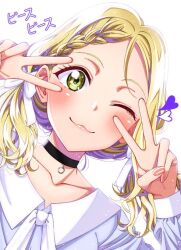 Rule 34 | 1girl, :3, ;3, black choker, blonde hair, blush, braid, choker, collarbone, commentary request, double v, green eyes, hair ribbon, heart, long sleeves, looking at viewer, love live!, love live! sunshine!!, low twintails, medium hair, ohara mari, ojyomu, one eye closed, ribbon, shirt, simple background, smile, solo, translation request, twintails, upper body, v, white background, white ribbon