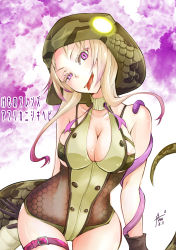 Rule 34 | 1girl, african rock python (kemono friends), belt, belt buckle, black gloves, blonde hair, breasts, buckle, character name, chiki yuuko, cleavage, commentary request, copyright name, cowboy shot, drawstring, gloves, green tail, kemono friends, open mouth, pink belt, purple eyes, slit pupils, snake tail, solo, swimsuit, tail, thigh strap, tongue, tongue out