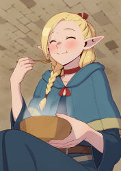 Rule 34 | 1girl, belt, blonde hair, blue capelet, blue robe, blush, bowl, braid, brown belt, capelet, choker, closed eyes, closed mouth, dungeon meshi, eating, fork, hair over shoulder, hand up, highres, holding, holding bowl, holding fork, long hair, long sleeves, marcille donato, multiple braids, pointy ears, porupurucha, red choker, robe, sitting, smile, solo, variant set