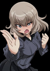 Rule 34 | 1girl, black background, black skirt, blue eyes, blush, clenched hand, commentary, dress shirt, ehirorotoon, fighting stance, frown, girls und panzer, grey hair, grey shirt, highres, itsumi erika, kuromorimine school uniform, long sleeves, looking at viewer, medium hair, open mouth, pleated skirt, school uniform, shirt, simple background, skirt, solo, standing, wing collar