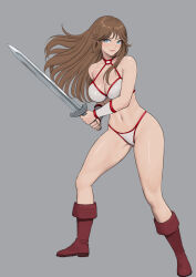 Rule 34 | 1girl, bare shoulders, bikini, blue eyes, blush, boots, bracer, breasts, brown hair, cleavage, closed mouth, full body, gluteal fold, golden axe, golden axe ii, grey background, highres, holding, holding sword, holding weapon, knee boots, large breasts, lips, mezzo (orbanga21), navel, red footwear, simple background, smile, solo, standing, stomach, swimsuit, sword, tyris flare, weapon, white bikini, white footwear