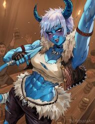 Rule 34 | 1girl, 1other, 2boys, armband, bandaged tail, bandages, beer mug, belt, blue skin, blush, brown armband, brown jacket, brown pants, colored skin, crop top, cup, demon girl, demon horns, demon tail, drunk, earrings, fang, fur trim, highres, horns, instrument, jacket, jewelry, leather, leather jacket, lute (instrument), mug, multiple boys, muscular, muscular female, navel, necklace, on table, open clothes, open jacket, original, pants, purple eyes, robusta mania, shirt, sweat, sweatdrop, table, tail, tavern, tooth necklace, torch, torn clothes, torn pants, torn shirt, white hair