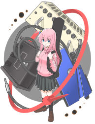 Rule 34 | 1girl, absurdres, black skirt, black socks, blue eyes, bocchi the rock!, brown footwear, cable, commentary request, cube hair ornament, gotoh hitori, grey background, hair between eyes, hair ornament, hands up, highres, holding strap, instrument case, jacket, karian909, loafers, long hair, one side up, parted lips, pink hair, pink jacket, pleated skirt, shoes, skirt, socks, solo, standing, track jacket, two-tone background, very long hair, white background