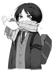 Rule 34 | 1boy, adjusting another&#039;s clothes, adjusting scarf, alternate costume, annoyed, bag, blunt ends, blush, bob cut, buku2 suisou, buttons, closed mouth, collared shirt, commentary, disembodied hand, frown, genshin impact, greyscale, highres, jacket, long sleeves, male focus, monochrome, necktie, open clothes, open jacket, parted bangs, plaid, plaid scarf, scaramouche (genshin impact), scarf, school uniform, shirt, short hair, shoulder bag, simple background, solo, symbol-only commentary, upper body, vest, white background, white shirt