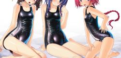 Rule 34 | 3girls, black one-piece swimsuit, blue eyes, blue hair, blush, braid, brown hair, competition school swimsuit, gradient background, head out of frame, highres, long hair, md5 mismatch, multiple girls, old school swimsuit, one-piece swimsuit, open mouth, pink hair, resolution mismatch, sakuya tsuitachi, school swimsuit, shiny clothes, short hair, smile, source smaller, sukumizu tabehoudai, swimsuit