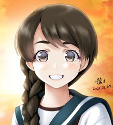 1girl, blue sailor collar, braid, brown eyes, brown hair, commentary request, dated, grin, highres, kantai collection, long hair, looking at viewer, orange background, sailor collar, school uniform, serafuku, signature, single braid, smile, solo, tk8d32, upper body, uranami (kancolle)