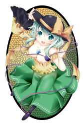 Rule 34 | 1girl, adapted costume, arm up, asymmetrical clothes, blush, breasts, cleavage, dress, female focus, green eyes, hand on headwear, hat, hat ribbon, highres, komeiji koishi, large breasts, long sleeves, aged up, open mouth, ribbon, sesield, shirt, silver hair, skirt, smile, solo, third eye, touhou, wide sleeves