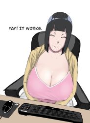 Rule 34 | 1girl, :&gt;, black hair, blunt bangs, breasts, chair, cleavage, closed eyes, closed mouth, english text, female focus, from above, happy, highres, huge breasts, hyuuga hinata, jacket, keyboard (computer), medium hair, mouse (computer), naruto, naruto (series), simple background, sitting, smile, solo, table, ultivlad, upper body, white background