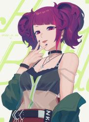 Rule 34 | 1girl, absurdres, bare shoulders, belt, black bra, bra, breasts, cleavage, clothes down, collar, green jacket, hand up, highres, idolmaster, idolmaster shiny colors, jacket, jewelry, jichi, looking at viewer, necklace, purple eyes, purple hair, see-through, see-through shirt, sidelocks, small breasts, solo, tanaka mamimi, tongue, tongue out, twintails, underwear, upper body, v over mouth, wristband