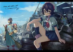 Rule 34 | 1girl, a106, announcement celebration, apron, arm rest, atom: the beginning, beret, black hair, blue skirt, blue sky, broom, brown eyes, bug, butterfly, cat, cloud, day, f14 (tetsuwan atom), glasses, hat, hou (ppo), insect, junkyard, letterboxed, looking at viewer, neckerchief, ochanomizu ran, pink footwear, shoes, short hair, sitting, skirt, sky, sneakers, socks, solo, tetsuwan atom
