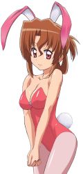 Rule 34 | 1girl, animal ears, breasts, brown hair, cleavage, collarbone, fake animal ears, folded ponytail, grin, hayate no gotoku!, highres, leotard, maria (hayate no gotoku!), playboy bunny, rabbit ears, rabbit tail, red eyes, simple background, smile, solo, tail