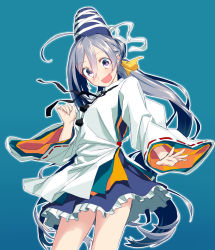 Rule 34 | 10s, 1girl, ahoge, blew andwhite, blue background, cosplay, cowboy shot, grey eyes, grey hair, hat, highres, japanese clothes, kantai collection, kariginu, kiyoshimo (kancolle), long hair, look-alike, looking at viewer, mononobe no futo, mononobe no futo (cosplay), open mouth, outstretched hand, pom pom (clothes), ponytail, skirt, smile, solo, tate eboshi, touhou, wide sleeves