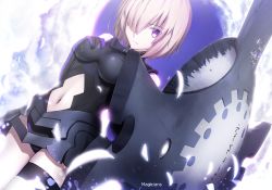Rule 34 | 1girl, armor, artist name, blush, breasts, closed mouth, clothing cutout, cowboy shot, dutch angle, eyebrows, fate/grand order, fate (series), feathers, frown, gloves, glowing, hair over one eye, hand on breast, highres, holding, holding shield, large breasts, leotard, looking at viewer, magicians (zhkahogigzkh), mash kyrielight, navel, navel cutout, one eye covered, purple eyes, shield, short hair, silver hair, solo, thigh strap