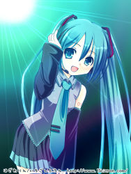Rule 34 | 15citron, 1girl, :d, aqua hair, black skirt, collared shirt, cowboy shot, detached sleeves, grey shirt, hair between eyes, hair ornament, hand on own head, hatsune miku, headphones, headset, leaning to the side, long hair, microphone, miniskirt, necktie, open mouth, pleated skirt, shirt, skirt, smile, solo, tattoo, thighhighs, twintails, vocaloid, watermark, web address