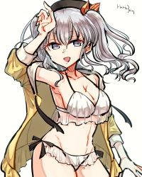 Rule 34 | 1girl, bikini, breasts, cleavage, commentary request, cowboy shot, frilled bikini, frills, grey eyes, highres, jacket, kantai collection, kashima (kancolle), long hair, looking at viewer, matsunaga (haku), medium breasts, open clothes, open jacket, side-tie bikini bottom, sidelocks, silver hair, simple background, solo, standing, swimsuit, twintails, wavy hair, white background, white bikini, yellow jacket