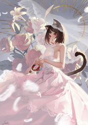 Rule 34 | 1girl, :o, animal collar, animal ears, bare arms, breasts, brown hair, cat ears, cat girl, cat tail, collar, unworn collar, commentary request, dress, feathers, flower, highres, holding, holding collar, jewelry, looking at viewer, medium breasts, nail polish, original, pendant, pink flower, pink rose, red collar, red eyes, red nails, rose, saraki, short hair, signature, sleeveless, sleeveless dress, solo, standing, tail, tail raised, veil, wedding dress, white dress, white flower