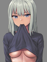 Rule 34 | 1girl, black shirt, blue eyes, breasts, closed mouth, clothes in mouth, clothes lift, commentary request, hashi, lifting own clothes, long hair, looking at viewer, medium breasts, mouth hold, no bra, original, shirt, shirt in mouth, shirt lift, silver hair, simple background, solo, underboob, upper body