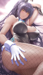 Rule 34 | 1girl, animal ears, ass, bare shoulders, black hair, black leotard, blue archive, blush, breasts, cleavage, covered erect nipples, dark-skinned female, dark skin, detached collar, fake animal ears, fishnet pantyhose, fishnets, gloves, halo, hand on own hip, highleg, highleg leotard, karin (blue archive), karin (bunny) (blue archive), large breasts, leotard, long hair, looking at viewer, lying, official alternate costume, on side, pantyhose, parted lips, playboy bunny, ponytail, rabbit ears, sidelocks, solo, strapless, strapless leotard, thighs, very long hair, white gloves, yellow eyes, zucchini