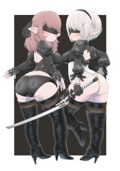 Rule 34 | 2b (nier:automata), 2b (nier:automata) (cosplay), 2girls, a-maki tasuke, absurdres, ass, back cutout, black background, black blindfold, black corset, black footwear, black gloves, black hairband, black panties, black thighhighs, blindfold, boots, border, breasts, character request, clothing cutout, commentary request, corset, cosplay, covered eyes, expressionless, feather-trimmed sleeves, final fantasy, final fantasy xiv, from behind, full body, gloves, hairband, high heel boots, high heels, highleg, highleg leotard, highres, holding, holding sword, holding weapon, juliet sleeves, katana, lalafell, large breasts, leotard, long hair, long sleeves, medium breasts, multiple girls, nier:automata, nier (series), outside border, panties, pink hair, pointy ears, puffy sleeves, short hair, shortstack, standing, standing on one leg, sword, thigh boots, thighhighs, thong leotard, underwear, virtuous contract, weapon, white border, white hair, white leotard