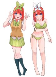 Rule 34 | 1girl, :d, absurdres, airo, arm at side, arm under breasts, bare arms, bare legs, bare shoulders, bikini, black socks, blue eyes, blush, breasts, cleavage, closed mouth, collarbone, collared shirt, commentary, eyebrows hidden by hair, full body, go-toubun no hanayome, green bikini, green ribbon, green skirt, hair between eyes, hair ribbon, hands up, highres, kneehighs, knees together feet apart, large breasts, looking at viewer, medium hair, miniskirt, multiple views, nakano yotsuba, navel, no shoes, open mouth, orange hair, pleated skirt, ribbon, school uniform, shirt, short sleeves, simple background, skirt, smile, socks, split mouth, standing, straight hair, sweater vest, swimsuit, teeth, upper teeth only, white background, white ribbon, white shirt, yellow sweater vest