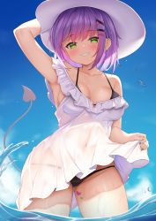 Rule 34 | 1girl, absurdres, arm up, bare shoulders, bikini, bikini under clothes, black bikini, blue sky, blush, clothes lift, cloud, collarbone, commentary, covered navel, day, demon tail, dress, dress lift, earrings, foreshortening, frilled dress, frills, gluteal fold, green eyes, grin, groin, hair ornament, hairclip, hat, highres, hololive, jewelry, kusana (dudqja602), lifted by self, looking at viewer, multicolored nails, nail polish, outdoors, pink nails, purple hair, see-through, shiny skin, skindentation, sky, sleeveless, sleeveless dress, smile, solo, string bikini, sun hat, swimsuit, tail, thighs, tokoyami towa, virtual youtuber, wading, water, white dress, white hair, x hair ornament