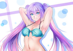 Rule 34 | 1girl, absurdres, armpits, arms behind head, bare shoulders, blue eyes, bra, breasts, cleavage, highres, large breasts, long hair, looking at viewer, midriff, mr. j.w, navel, original, purple hair, simple background, smile, solo, striped, striped background, twintails, underwear