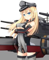 Rule 34 | 10s, 1girl, bare shoulders, bismarck (kancolle), blonde hair, blue eyes, blush, breast hold, breasts, brown gloves, detached sleeves, frown, gloves, grey legwear, hat, highres, kantai collection, kirimoti34, long hair, looking at viewer, machinery, peaked cap, solo, turret, underboob