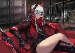 Rule 34 | absurdres, city, crossed legs, highres, karlwolf, lucia: crimson abyss (punishing: gray raven), prosthesis, prosthetic arm, punishing: gray raven, red eyes, scarf, sitting, sword, weapon, white hair