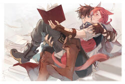 Rule 34 | 2boys, adventurer (ff14), animal ears, ankle boots, arm around back, arm wrap, between legs, black footwear, black pants, black scarf, book, book stack, boots, border, braid, braided ponytail, brown footwear, brown gloves, brown hair, carrying, carrying person, cat boy, cat ears, cat tail, elbow gloves, facial mark, falling, final fantasy, final fantasy xiv, fingerless gloves, foot out of frame, from side, g&#039;raha tia, gloves, grey shirt, hair ornament, hand on another&#039;s leg, holding, holding book, hyur, knee boots, male focus, mid.m, miqo&#039;te, multiple boys, pants, paper, parted lips, red eyes, red hair, scarf, shirt, short hair, single braid, swept bangs, tail, tail wrap, warrior of light (ff14), white border, wind, x hair ornament, yaoi