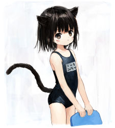 Rule 34 | 1girl, animal ears, black hair, black one-piece swimsuit, brown eyes, cat ears, cat girl, cat tail, closed mouth, cowboy shot, dot nose, facepaint, facial mark, fake whiskers, highres, holding, kickboard, looking at viewer, messy hair, one-piece swimsuit, original, school swimsuit, sho (sho lwlw), short hair, simple background, solo, standing, swimsuit, tail, whisker markings