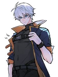 Rule 34 | 1boy, black jacket, black pants, black shirt, blue eyes, buckle, closed mouth, commentary request, covered collarbone, covered navel, grey hair, hair between eyes, hanyaohui, highres, honkai (series), honkai impact 3rd, jacket, kevin kaslana, male focus, open clothes, open jacket, pants, shirt, short sleeves, simple background, snap-fit buckle, solo, sweat, v-shaped eyebrows, wavy mouth, white background
