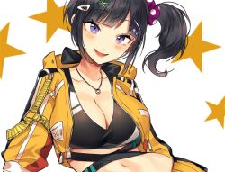 Rule 34 | 1girl, black hair, blush, breasts, cleavage, commentary, cropped jacket, hair ornament, hair scrunchie, hayase sou, jacket, jewelry, kotobuki (medetai), large breasts, long sleeves, looking at viewer, navel, necklace, nijisanji, open mouth, purple eyes, scrunchie, short hair, side ponytail, smile, solo, sports bra, star (symbol), upper body, virtual youtuber, yellow jacket