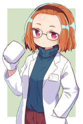 Rule 34 | 1girl, blue sweater, blush, breasts, brown headband, brown pants, coffee mug, commentary, cowboy shot, cup, forehead, glasses, gloves, green background, hair pulled back, hand in pocket, hand up, headband, highres, holding, holding cup, lab coat, light frown, looking at viewer, medium breasts, medium hair, mug, naga u, name tag, orange hair, original, pants, pink eyes, simple background, solo, standing, sweater, turtleneck, white gloves