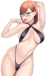 Rule 34 | 1girl, black one-piece swimsuit, black slingshot swimsuit, blue eyes, breasts, brown hair, cowboy shot, criss-cross halter, glasses, halterneck, highres, large breasts, mole, mole under mouth, one-piece swimsuit, original, short hair, simple background, slingshot swimsuit, solo, swimsuit, thigh gap, tongue, tongue out, white background, zonda (solid air)