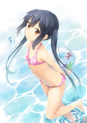 Rule 34 | 1girl, ball, bikini, black hair, breasts, brown eyes, dated, errant, highres, k-on!, long hair, looking at viewer, nakano azusa, small breasts, smile, solo, swimsuit, twintails, water
