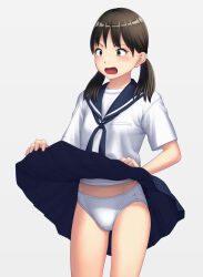 Rule 34 | 1girl, black eyes, black hair, black ribbon, black sailor collar, blush, clothes lift, commentary, cowboy shot, crotch seam, embarrassed, frown, grey background, highres, low twintails, maburu (lojyq1eur3e8bit), medium hair, neck ribbon, open mouth, original, panties, pantyshot, ribbon, sailor collar, shirt, short sleeves, simple background, skirt, skirt lift, solo, standing, twintails, underwear, white panties, white shirt, wind, wind lift