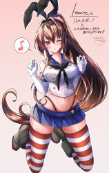 Rule 34 | 1girl, black hairband, black neckerchief, black panties, blue sailor collar, blue skirt, breasts, brown eyes, brown hair, commentary request, cosplay, crop top, eighth note, elbow gloves, gloves, hairband, highleg, highleg panties, highres, kantai collection, kneeling, large breasts, long hair, looking at viewer, makina00, microskirt, miniskirt, musical note, neckerchief, panties, pleated skirt, rudder footwear, sailor collar, shimakaze (kancolle), shimakaze (kancolle) (cosplay), shirt, skirt, sleeveless, sleeveless shirt, smile, solo, spoken musical note, striped, striped thighhighs, thighhighs, translation request, underwear, white gloves, yamato (kancolle)