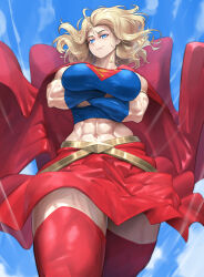 Rule 34 | 702 96, abs, absurdres, armband, belt, blonde hair, blue eyes, blue sky, breasts, cape, cloud, crossed arms, flying, highres, large breasts, looking at viewer, looking down, medium hair, mole, mole under mouth, muscular, muscular female, navel, red socks, skirt, sky, smile, smirk, socks, supergirl, thick thighs, thighhighs, thighs, wavy hair, wind