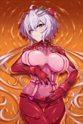1girl, ahoge, bodysuit, breasts, cosplay, covered navel, crossover, evangelion: 2.0 you can (not) advance, hairpods, highres, impossible bodysuit, impossible clothes, interface headset, large breasts, lcl, light purple hair, long hair, looking at viewer, low twintails, multicolored, multicolored bodysuit, multicolored clothes, neon genesis evangelion, pilot suit, plugsuit, purple eyes, rebuild of evangelion, red bodysuit, ripples, senki zesshou symphogear, shikinami asuka langley (cosplay), shiny, shiny clothes, shiny hair, shiny skin, skin tight, solo, soryu asuka langley (cosplay), test plugsuit, thigh gap, twintails, uganda, wet, yukine chris