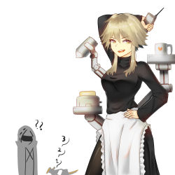 Rule 34 | ahoge, alternate costume, apron, arknights, black sweater, blonde hair, breasts, cake, coffee mug, countdown, cup, doctor (arknights), enmaided, food, highres, holding, holding phone, large breasts, maid, maid apron, mayer (arknights), meeboo (arknights), mug, najashi, phone, sweater, white background