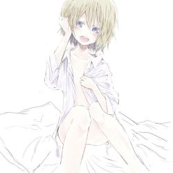Rule 34 | 1girl, blonde hair, blue eyes, collarbone, erica hartmann, hair between eyes, hand on own head, midriff, monochrome, open clothes, open mouth, open shirt, pillow, shirt, short hair, simple background, solo, strike witches, white background, world witches series, yukimochi (yume)