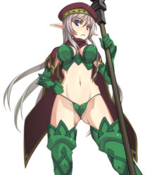 Rule 34 | 00s, 1girl, alleyne (queen&#039;s blade), alleyne (queen's blade), beret, blue eyes, boots, braid, breasts, cape, caryo, elf, fighting master alleyne, from below, grey hair, hat, long hair, midriff, nanashino, pointy ears, queen&#039;s blade, revealing clothes, simple background, solo, staff, thigh boots, thighhighs
