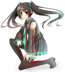 Rule 34 | 1girl, alternate costume, alternate hair color, bad id, bad pixiv id, black hair, detached sleeves, female focus, full body, gradient background, hatsune miku, long hair, lowres, necktie, on one knee, red eyes, skirt, solo, thighhighs, twintails, vocaloid, white background, yonema