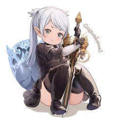 Rule 34 | 1girl, bad id, bad twitter id, black footwear, black gloves, blush, boots, closed mouth, cosplay, feather-trimmed sleeves, final fantasy, final fantasy xiv, gloves, green eyes, high heels, holding, holding sword, holding weapon, knee boots, lalafell, long hair, nier:automata, nier (series), pointy ears, puffy sleeves, shield, simple background, sitting, smile, solo, sparkle, srm chi, sword, twintails, warrior of light (ff14), weapon, white background, white hair, 2b (nier:automata) (cosplay)